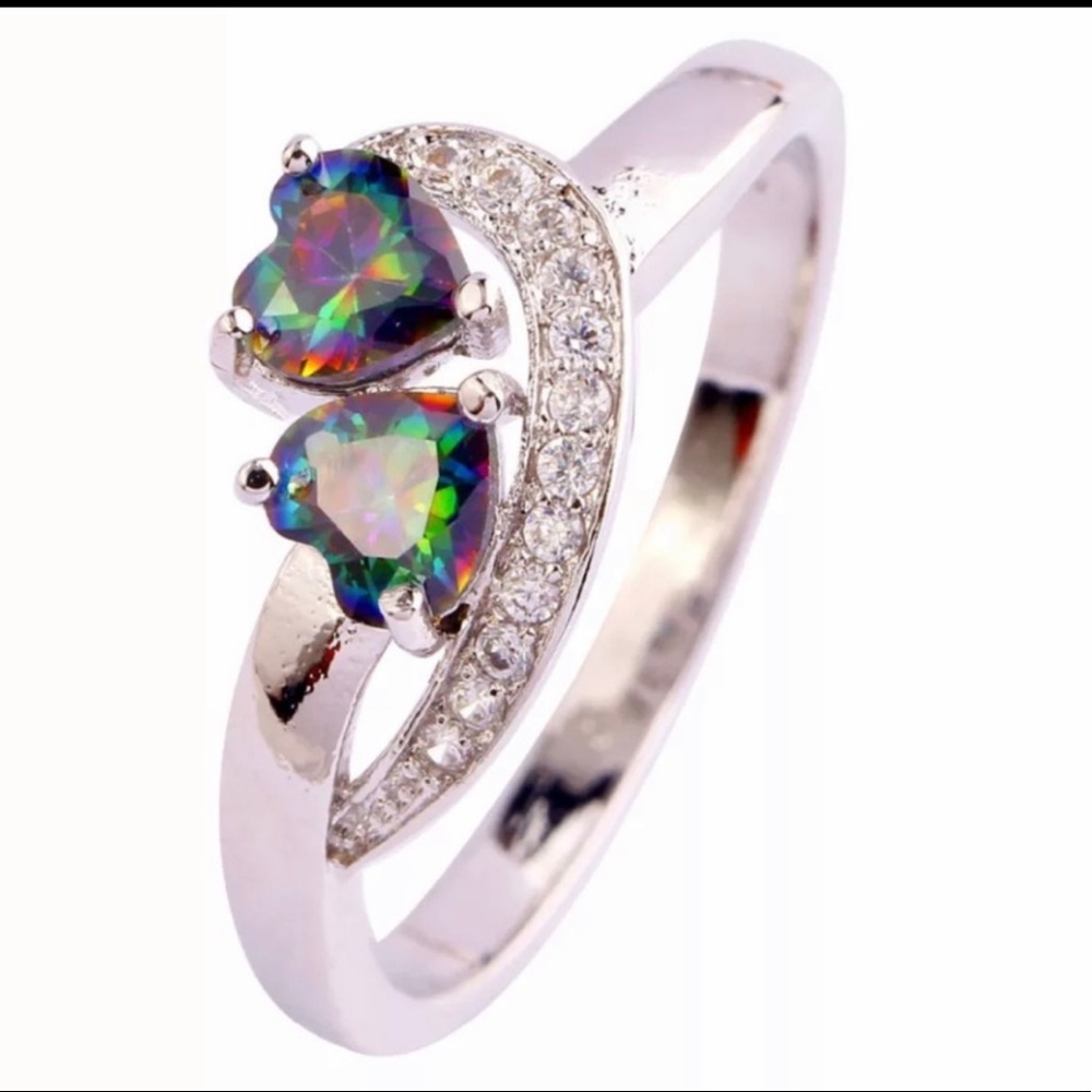 New S925 Sterling Silver Rainbow Topaz & White Topaz Two Hearts In Love Ring